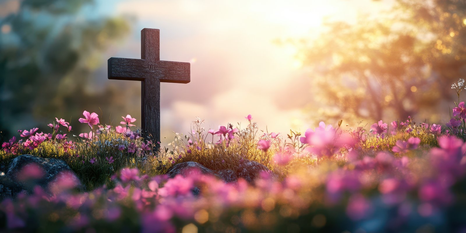 Beautifully blooming flowers surround a wooden cross in a serene garden at sunset